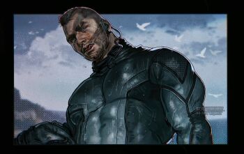 1boy bara black_bodysuit black_hair blue_eyes bodysuit call_of_duty call_of_duty:_modern_warfare_2 cloud day facepaint facial_hair highres large_pectorals looking_at_viewer male_focus muscular muscular_male outdoors pectorals short_hair sky soap_(modern_warfare_2) solo tongue tongue_out twitter_username umikochannart