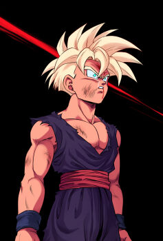 1boy aqua_eyes black_background blonde_hair blood blood_from_mouth boriroba collarbone commentary_request cowboy_shot crying crying_with_eyes_open dirty dirty_clothes dirty_face dougi dragon_ball dragonball_z floating_hair highres male_focus muscular muscular_male parted_lips purple_dougi red_sash sash scene_reference short_hair solo son_gohan spiked_hair super_saiyan super_saiyan_1 sweatband tears toriyama_akira_(style) torn_clothes wide-eyed
