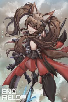 Rule 34 | 1girl, absurdres, angelina (arknights), animal ear fluff, animal ears, arknights, arknights: endfield, bare shoulders, black gloves, black thighhighs, breasts, brown hair, caiman pool, coat, dress, english text, fox ears, fox girl, gilberta (arknights), gloves, grey dress, hair between eyes, highres, jacket, logo, long hair, looking at viewer, open clothes, red coat, simple background, smile, solo, thighhighs, twintails