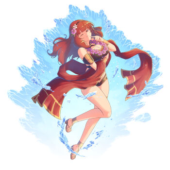 1girl bikini breasts brown_bikini cat_with_a_brush celica_(fire_emblem) celica_(summer)_(fire_emblem) cleavage fire_emblem fire_emblem_echoes:_shadows_of_valentia fire_emblem_heroes flower flower_hairband flower_necklace full_body highres jewelry looking_at_viewer necklace nintendo smile solo swimsuit white_background