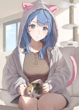1girl animal animal_hood animal_on_lap blue_eyes blue_hair breasts brown_shirt cat cat_hood cat_on_lap cat_tail closed_mouth commentary_request couch fake_tail highres hood hood_up hyakusyo69 indoors large_breasts looking_at_viewer make_heroine_ga_oo_sugiru! medium_hair on_couch on_lap shirt sitting tail yanami_anna