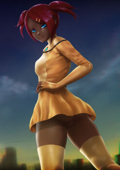 1girl ass autobot blue_eyes breasts censored dark-skinned_female dark_skin dress elbow_gloves female_focus fingerless_gloves gloves hand_on_own_hip highres lips looking_at_viewer looking_back mosaic_censoring ningyon_mereman no_panties pussy red_hair sari_sumdac short_dress short_hair short_twintails shorts_under_dress small_breasts solo thighhighs transformers transformers_animated twintails yellow_dress yellow_gloves yellow_thighhighs
