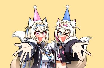 >_o 2girls :d ;d \||/ animal_collar animal_ear_fluff animal_ears bandaid bandaid_hair_ornament bib_collar black_collar blonde_hair blue_eyes blue_hair blue_hairband blue_hat blue_streaks breasts cleavage cleavage_cutout clothing_cutout collar commentary_request cropped_shirt ddolbang dog_ears dog_girl dog_tail dress fake_horns fangs fur-trimmed_jacket fur_trim fuwawa_abyssgard fuwawa_abyssgard_(1st_costume) hair_ornament hairband hat headphones headphones_around_neck highres hololive hololive_english horn_hairband horns jacket korean_commentary long_hair long_sleeves midriff mococo_abyssgard mococo_abyssgard_(1st_costume) multicolored_hair multiple_girls one_eye_closed open_mouth outstretched_hand party_hat pink_eyes pink_hairband pink_hat pink_streaks shirt siblings sisters smile streaked_hair tail twins virtual_youtuber white_shirt yellow_background