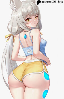 Rule 34 | 1girl, alternate costume, animal ears, ass, blush, breasts, cat ears, embarrassed, from behind, grey hair, hair ribbon, huge ass, long hair, looking at viewer, looking back, low twintails, nia (blade) (xenoblade), nia (xenoblade), open mouth, orange eyes, ribbon, short shorts, shorts, sideboob, small breasts, solo, twintails, very long hair, xenoblade chronicles (series), xenoblade chronicles 2, z-ki