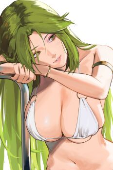 1girl armlet bare_shoulders bikini bracelet breasts cleavage female_focus green_eyes green_hair highres j@ck jewelry kid_icarus kid_icarus_uprising large_breasts long_hair looking_at_viewer matching_hair/eyes navel nintendo open_mouth palutena parted_lips simple_background smile solo stomach swimsuit teeth underboob upper_body very_long_hair white_background white_bikini