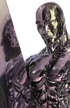 1boy abs absurdres alex_ross bald comic_cover cover cover_page fantastic_four highres holding holding_surfboard looking_at_viewer male_focus marvel metal_skin muscular muscular_male obliques official_art realistic reflective_surface silver_surfer solo surfboard upper_body western_comics_(style) white_background