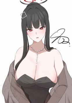 1girl absurdres bare_shoulders bead_necklace beads black_dress black_hair black_halo blue_archive blush braid breasts bun_with_braided_base cleavage dress grey_shawl hair_bun halo highres huge_breasts jewelry large_breasts long_hair looking_at_viewer multicolored_halo necklace official_alternate_costume official_alternate_hairstyle open_mouth pearl_necklace red_eyes ringed_eyes rio_(blue_archive) rio_(dress)_(blue_archive) see-through_clothes see-through_shawl shawl sho_mix_illustration signature simple_background smile solo two-tone_halo white_background