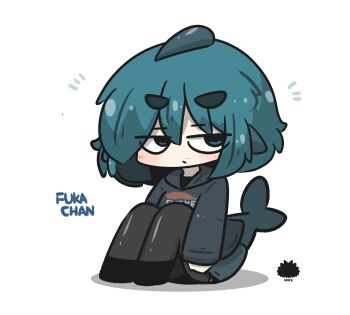 1girl black_hoodie black_shoes blue_eyes blue_hair blush_stickers character_name closed_mouth commentary_request fins fish_tail fuka-chan full_body grey_skirt grey_thighhighs hair_between_eyes highres hood hood_down hoodie knees_up notice_lines original sea_urchin shadow shark_tail shoes short_eyebrows simple_background sitting skirt solo tail thick_eyebrows thighhighs uni_souchou white_background