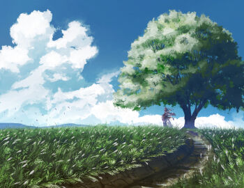 1girl absurdres alternate_hairstyle animal_ears bird black_skirt blue_sky cherry_tree cloud cloudy_sky commentary day detached_sleeves english_commentary facing_away field floating_hair flock from_behind full_body grass hat highres inubashiri_momiji landscape large_variant_set long_hair long_skirt nature oubachiago outdoors path procreate_(medium) red_ribbon red_trim ribbon road scabbard scenery sheath sheathed shirt signature skirt sky sleeveless sleeveless_shirt solo summer sword sword_on_back sword_tassel tail tassel tokin_hat touhou tree variant_set very_wide_shot weapon weapon_on_back white_hair white_shirt white_tail wide_sleeves wolf_ears wolf_girl wolf_tail