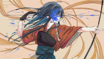 Rule 34 | 1girl, ado (utaite), archery, archery shooting glove, arrow (projectile), black eyes, black hair, blue flower, blue hair, blue rose, bow (weapon), chando (ado), colored inner hair, commentary, floating hair, flower, gloves, highres, japanese clothes, kahuna90231217, kimono, long hair, manimani (vocaloid), multicolored hair, partially fingerless gloves, red kimono, rose, solo, upper body, utaite, weapon