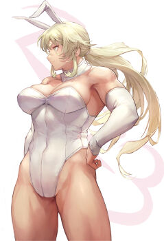 Rule 34 | 1girl, 2023, animal ears, bare shoulders, barghest (fate), biceps, blonde hair, breasts, cleavage, covered navel, detached collar, detached sleeves, fake animal ears, fate/grand order, fate (series), green eyes, groin, hand on own hip, highleg, highleg leotard, highres, large breasts, leotard, long hair, looking to the side, miyamoto satoru, muscular, muscular female, playboy bunny, ponytail, rabbit ears, sidelocks, simple background, solo, thick thighs, thighs, white leotard