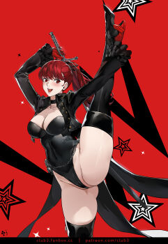 1girl :d black_boots black_jacket black_leotard boots breasts cleavage club3 coattails gloves highres jacket large_breasts leotard long_hair looking_at_viewer open_mouth paid_reward_available partially_visible_vulva persona persona_5 persona_5_the_royal ponytail red_background red_eyes red_gloves red_hair smile solo split standing standing_on_one_leg standing_split thigh_boots yoshizawa_kasumi