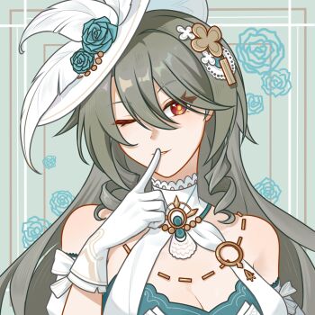 1girl ;) bare_shoulders breasts chinese_commentary cleavage commentary_request dress floral_background gloves grey_hair hat highres honkai_(series) honkai_impact_3rd large_breasts long_hair official_alternate_costume one_eye_closed red_eyes smile solo upper_body very_long_hair vita_(honkai_impact) white_dress white_gloves white_hat yuanqin18525