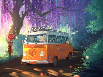 3boys 4girls :3 ^_^ animal_ears artist_name black_fur blonde_hair blunt_bangs brown_hair bug bus bush butterfly buttons cat_ears cat_tail child closed_eyes closed_mouth commentary day driving english_commentary falling_petals fish flower furry furry_female furry_male graffiti grass hand_on_own_hip hood hood_down hoodie insect light_rays long_sleeves mina_fz. motor_vehicle multiple_boys multiple_girls one_side_up orange_eyes orange_fur original outdoors path petals red_shirt road road_sign shirt short_hair sign smile stop_sign strap sunlight t-shirt tail tree two_side_up v-neck watermark white_shirt wisteria yellow_hoodie