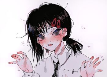 1girl aixuexidetuoxie asymmetrical_hair black_eyes black_hair black_necktie breast_pocket chainsaw_man chinese_commentary collared_shirt commentary_request flying_sweatdrops hair_ornament hairclip hands_up higashiyama_kobeni long_sleeves low_ponytail motion_lines necktie open_mouth parallel_hairclips pocket ponytail portrait shirt short_hair simple_background solo sweat white_background white_shirt worried