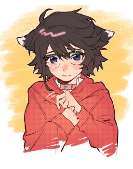 1girl animal_ears black_hair blush chinese_commentary collar commentary cropped_torso dog_ears hood hood_down hoodie jiguang_haibao looking_at_viewer momijiyama_teru orange_background pink_collar red_hoodie semi-rimless_eyewear short_hair shy_(series) solo white_background