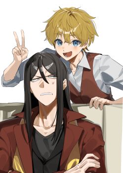 2boys :d absurdres anger_vein black_hair black_shirt black_vest blonde_hair blue_eyes clenched_teeth coat collared_shirt fate/strange_fake fate_(series) flat_escardos grey_eyes hair_between_eyes highres looking_at_another looking_at_viewer lord_el-melloi_ii male_focus multiple_boys open_mouth red_coat red_vest shirt short_hair smile teeth tokoni_fusu v vest waver_velvet white_background white_shirt