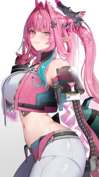 1girl :3 absurdres arknights arknights:_endfield bare_shoulders bilingual_commentary black_gloves blue_eyes breasts closed_mouth commentary cone_hair_bun cowboy_shot crop_top diamond-shaped_pupils diamond_(shape) english_commentary from_side gloves hair_bun hair_intakes hair_ornament hand_up highres huge_breasts id_card jacket looking_at_viewer looking_to_the_side mixed-language_commentary navel pants pink_gloves pink_hair pink_jacket pointy_ears shirt simple_background smile solo stomach symbol-shaped_pupils tail twintails two-tone_gloves vitaminechan white_background white_pants white_shirt yvonne_(arknights)