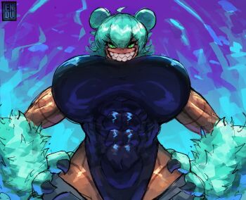 1girl animal_ears animal_hands bear_ears blue_leotard breasts claws cropped_legs enduranceex evil_grin evil_smile gigantic_breasts green_hair grin hair_between_eyes highres leotard muscular muscular_female original sharp_teeth simple_background skin_tight smile solo teeth thong_leotard