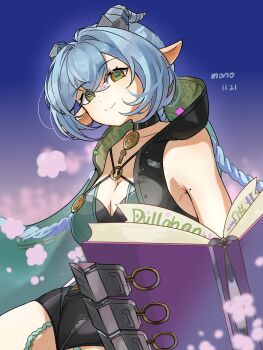 1girl animal_ears artist_name black_unitard blue_hair blue_horns blue_sky blurry blurry_background book braid breasts choker cleavage closed_mouth collarbone commentary_request cowboy_shot crossed_bangs dated goat_ears goat_girl goat_horns hair_between_eyes head_tilt highres holding holding_book hood horizontal_pupils horns key key_choker large_breasts long_hair looking_at_viewer lucia_elowen mole mole_on_arm mono_(fnkj2557) pointy_ears single_bare_shoulder single_sleeve sky smile solo twin_braids yellow_eyes zenless_zone_zero