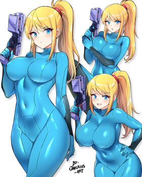1girl :/ absurdres arm_behind_back arm_under_breasts artist_name blonde_hair blue_bodysuit blue_eyes bodysuit breasts closed_mouth commentary covered_navel cowboy_shot english_commentary finger_on_trigger gun hair_between_eyes hand_on_own_hip handgun highres holding holding_gun holding_weapon impossible_bodysuit impossible_clothes jarckius large_breasts light_blush long_hair looking_at_viewer metroid metroid:_zero_mission mixed-language_commentary mole mole_under_mouth multiple_views nintendo open_mouth paralyzer ponytail samus_aran simple_background skin_tight smile standing stun_gun teeth trigger_discipline upper_teeth_only v-shaped_eyebrows weapon white_background zero_suit