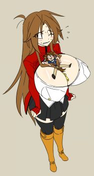 1boy 1girl beige_background black_eyes black_skirt black_thighhighs breasts brown_hair cleavage cowbell dog_boy fang from_above full_body graph_(graphiteknight) highres huge_breasts lying matt_(ego_trigger) mattie_(ego_trigger) mini_person miniboy nervous no_pupils original shiny_skin shirt skirt smile standing sweat thighhighs white_shirt zettai_ryouiki