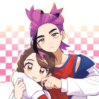 1boy 1girl arm_around_shoulder black_hair blush brown_eyes brown_hair cheek_pull closed_mouth commentary_request gloves hetero highres jacket juliana_(pokemon) kieran_(pokemon) long_sleeves looking_at_viewer mole mole_on_neck multicolored_hair nekoniko777 nintendo open_mouth pokemon pokemon_sv purple_hair red_gloves red_tank_top shirt simple_background single_glove tank_top upper_body white_jacket white_shirt yellow_eyes