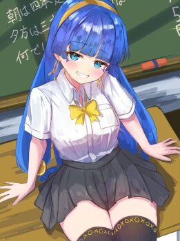 Rule 34 | 1girl, black skirt, black thighhighs, blue eyes, blue hair, chalkboard, classroom, commentary request, desk, earrings, fossilized wonders, hairband, highres, indoors, jewelry, long hair, michigami nareko, necktie, on desk, pico kimuchi, pleated skirt, school uniform, shirt, sitting, skirt, smile, solo, thighhighs, touhou, white shirt, yellow hairband, yellow necktie