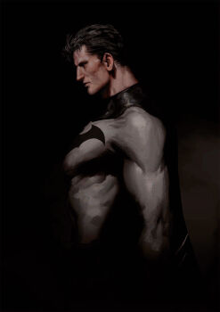 1boy batman batman_(series) batman_symbol black_cape bodysuit bruce_wayne cape closed_mouth commentary_request covered_pectorals cropped_torso dc_comics highres korean_commentary looking_down male_focus muscular muscular_male pectorals profile realistic sidepec solo standing superhero_costume untitle