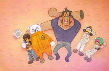 5boys bear beard bepo_(one_piece) black_hair blush_stickers boots chibi crossed_arms denim facial_hair facial_tattoo from_above hat jean_bart_(one_piece) jeans jumpsuit multiple_boys one_piece orange_jumpsuit pants penguin_(one_piece) pikaole shachi_(one_piece) short_hair smile sword tattoo trafalgar_law weapon white_jumpsuit