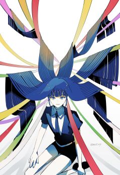 1other androgynous black_shoes blue_eyes blue_hair blunt_bangs colored_skin crystal_hair gem_uniform_(houseki_no_kuni) hand_on_own_leg highres houseki_no_kuni lapis_lazuli_(houseki_no_kuni) loafers long_hair looking_at_viewer mt5_014 necktie other_focus shoes sidelocks signature sitting solo twitter_username white_background white_skin yokozuwari