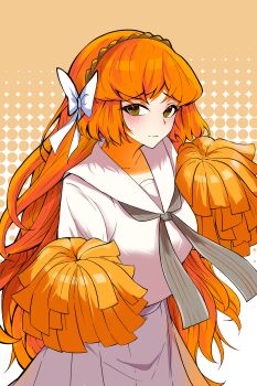 Rule 34 | 1girl, absurdres, ayamiya, blush, bow, brown hairband, closed mouth, collared shirt, cowboy shot, green eyes, grey neckerchief, hair bow, hairband, highres, ishmael (project moon), limbus company, looking at viewer, neckerchief, pleated skirt, pom pom (cheerleading), project moon, rope, sailor collar, shirt, skirt, smile, solo, white bow, white sailor collar, white shirt, white skirt