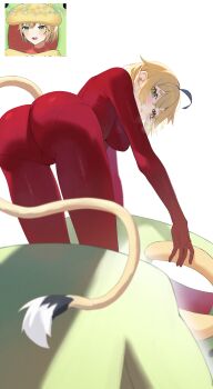 absurdres ahoge all_fours ass black_hair blonde_hair blush bodysuit breasts commentary dooby english_commentary green_eyes highres indie_virtual_youtuber large_breasts looking_at_viewer looking_back mouse_girl mouse_tail multicolored_hair pantylines parted_lips red_bodysuit short_eyebrows short_hair simple_background solo streaked_hair tail virtual_youtuber white_background yubbiidraw