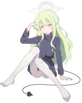 1girl :p absurdres arm_support belt black_belt black_jacket black_skirt black_tail blue_archive buttons closed_mouth demon_girl demon_tail full_body green_hair green_halo halo hand_to_head hand_up highres hikari_(blue_archive) jacket knees_up light_blush long_hair long_sleeves looking_ahead miniskirt no_headwear no_shoes pantyhose pleated_skirt pointy_ears s10021 sidelocks simple_background sitting skirt sleeve_cuffs solo tail tongue tongue_out white_background white_pantyhose yellow_eyes