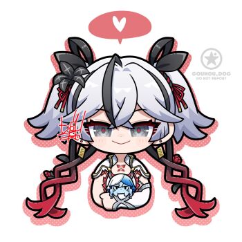 1girl animalization artist_logo bad_id bad_twitter_id black_flower black_ribbon blake_bloom_(wuthering_waves) blue_veil camellya_(wuthering_waves) closed_mouth commentary dog-san earrings flower gold_earrings grey_eyes hair_between_eyes hair_flower hair_ornament hair_ribbon hair_vines heart highres holding jewelry logo looking_at_viewer red_pupils red_ribbon ribbon shorekeeper_(wuthering_waves) short_hair short_twintails simple_background smile solo spoken_heart straight-on symbol-only_commentary tacet_mark_(wuthering_waves) twintails two-tone_veil veil white_background white_hair white_veil wuthering_waves