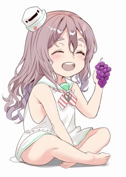1girl aged_down barefoot closed_eyes commentary_request cosplay diagonal-striped_clothes diagonal-striped_neckerchief dress food fruit grapes grey_hair hat indian_style kantai_collection libeccio_(kancolle) libeccio_(kancolle)_(cosplay) long_hair neckerchief open_mouth pola_(kancolle) round_teeth sailor_collar sailor_dress sakurai_nana_(moshichi) sitting sleeveless sleeveless_dress smile solo striped_clothes striped_neckerchief teeth thick_eyebrows upper_teeth_only white_dress white_hat white_sailor_collar