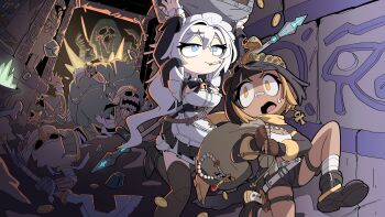 2girls absurdres ankh ankh_necklace apron armedrabbit belt black_hair black_shorts blonde_hair blue_eyes bone borrowed_character breasts bright_pupils brown_gloves carrying cigarette cleavage cleavage_cutout clothing_cutout coin commission crown dark-skinned_female dark_skin dungeon eye_of_horus fingerless_gloves gloves gold_coin hair_intakes half-closed_eyes highres holding holding_sack jewelry joints khopesh long_hair maid maid_apron maid_headdress multicolored_hair multiple_girls mummy necklace open_mouth original pearl_necklace running sack scarf short_shorts shorts skeleton skull smoking staff sweatdrop thigh_strap treasure two-tone_hair white_hair white_pupils yellow_eyes yellow_scarf