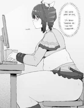1girl ahoge ass breasts computer drill_hair english_text fat fat_woman greyscale highres kasane_teto large_breasts medium_hair monochrome ohasi plump red_eyes spot_color sweat thick_thighs thighs twin_drills utau