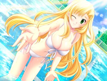 1girl bare_shoulders bikini blonde_hair blush breasts cleavage cloud curvy day dutch_angle fence front-tie_bikini_top front-tie_top game_cg green_eyes green_hair kishi_nisen large_breasts light_rays long_hair one_eye_closed ore_to_kanojo_wa_shujuu_na_kankei outdoors outstretched_arm pool reaching reaching_towards_viewer side-tie_bikini_bottom sky smile solo sunbeam sunlight swimsuit tobato_marina very_long_hair wading water wet white_bikini