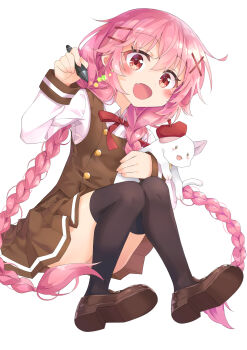 10s 1girl :d ass black_thighhighs blush braid brown_shoes brown_skirt brown_vest buttons carrying cat collared_shirt comic_girls commentary_request convenient_censoring fang female_focus hair_ornament hairclip hand_up hat highres holding holding_pen knees_up loafers long_hair long_sleeves looking_at_viewer mini_hat miniskirt moeta_kaoruko neck_ribbon open_mouth pen pink_hair pleated_skirt red_eyes red_hat red_ribbon ribbon sanpaku shirt shoe_soles shoes sidelocks simple_background skirt sleeves_past_wrists smile solo star_(symbol) thighhighs tilted_headwear twin_braids twintails very_long_hair vest white_background white_shirt x_hair_ornament xuan_chu