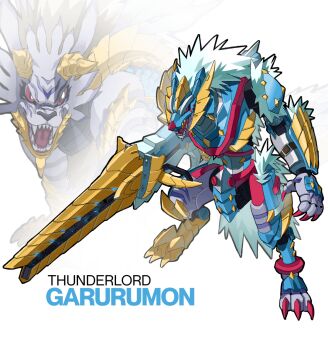 armor blue_armor blue_helmet blue_tail commentary digimon digimon_(creature) english_commentary full_body fusion grey_hair helmet horns krinn75 long_hair metalgarurumon metalgarurumon_x-antibody monster_hunter_(series) red_eyes sharp_teeth simple_background solo_focus standing teeth white_background wolf yellow_horns yellow_tail zinogarurumon