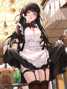 1girl alternate_costume apron black_choker black_dress black_hair black_thighhighs blush breasts bright_pupils chandelier chisa_(wuthering_waves) choker cleavage collared_dress commentary_request dress enmaided fingernails indoors long_hair looking_at_viewer maid medium_breasts namipon_(wuthering_waves) nao_(naoooo_a) open_mouth puffy_short_sleeves puffy_sleeves red_eyes short_sleeves skindentation solo tacet_mark_(wuthering_waves) thighhighs thighs white_pupils wuthering_waves