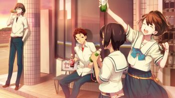 2boys 2girls arm_up bench black_hair black_shirt blue_bow blue_pants blue_skirt bob_cut bottle bow braid brown_hair chest_bow chuo_tanegashima_high_school_uniform clenched_hand closed_eyes collared_shirt cropped_shirt daitoku_junna dark-skinned_female dark_skin dr_pepper drinking fukuda_tomonori game_cg glasses grey_eyes hair_between_eyes hand_in_pocket happy hidaka_subaru high-waist_skirt high_ponytail highres holding holding_bottle multiple_boys multiple_girls non-web_source official_art outdoors outstretched_arm pants pleated_skirt ponytail ponytail_with_braided_base red_hair red_shirt robotics;notes sailor_collar school_uniform science_adventure senomiya_akiho shirt shirt_under_shirt short_hair short_sleeves sitting skal skirt smile soda sunset t-shirt teeth upper_teeth_only white_sailor_collar white_shirt yashio_kaito