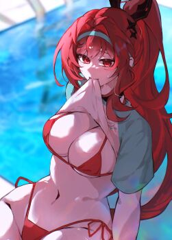 1girl absurdres bikini breasts clothes_in_mouth curvy goddess_of_victory:_nikke highleg highleg_bikini highres large_breasts mmaayyooccaatt mouth_hold navel official_alternate_costume official_alternate_hair_color official_alternate_hairstyle ponytail pool poolside rapi_(nikke) rapi_(red_hood)_(nikke) rapi_(red_hood)_(red_flavor)_(nikke) red_bikini red_eyes red_hair shiny_skin shirt shirt_in_mouth solo swimsuit thong thong_bikini water wide_hips