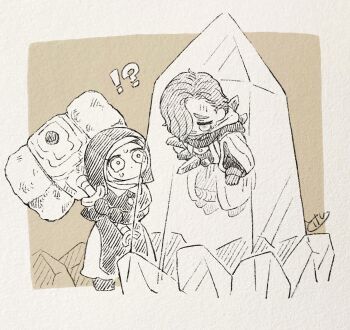 !? 1boy 1girl absurdres apron black_gloves black_hood boots chibi clockclock12112 closed_eyes commentary_request crystal dress elden_ring elden_ring_nightreign full_body gloves hair_over_one_eye hammer highres holding holding_hammer huge_weapon monocle no_mouth scholar_(elden_ring) short_hair signature simple_background standing sweat undertaker_(elden_ring) weapon white_coif white_dress