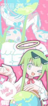 1girl absurdres blush_stickers camellia_(musician) commentary_request earth_(planet) english_text eyewear_on_head fang globe green_hair halo highres indie_utaite long_hair long_sleeves movin6! nanahira one_eye_closed planet purple_eyes red_ribbon ribbon sazunamo shirt side_ponytail single_blush_sticker smile solo sparkle speech_bubble sunglasses translation_request utaite variant_set very_long_hair white_shirt