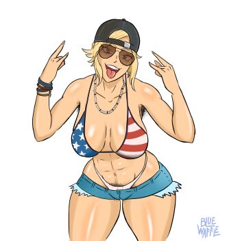 1girl abs absurdres american_flag american_flag_bikini american_flag_print armpit_hair artist_name backwards_hat bikini black_hat blonde_hair blue_eyes blue_shorts blue_waffle breasts brown-tinted_eyewear cameltoe denim denim_shorts flag_print flag_print_bikini freckles grand_theft_auto grand_theft_auto_vi hat highres jewelry large_breasts looking_at_viewer necklace open_mouth print_bikini pubic_hair redneck_girl_(gta_vi) short_hair short_shorts shorts signature simple_background solo sunglasses swimsuit teeth tinted_eyewear tongue tongue_out upper_teeth_only white_background