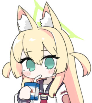 1girl animal_ear_fluff animal_ears black_sailor_collar blonde_hair blue_archive blush_stickers fox_ears green_eyes hair_between_eyes halo kurumi_(blue_archive) long_hair long_sleeves lowres miranofuudoria puffy_long_sleeves puffy_sleeves sailor_collar school_uniform serafuku shirt simple_background sleeves_past_wrists solo two_side_up upper_body white_background white_shirt