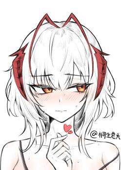 1girl absurdres antenna_hair arknights averting_eyes bare_shoulders blush breasts chinese_commentary closed_mouth commentary_request finger_heart hair_between_eyes hand_up heart highres luhuaic multicolored_hair partially_colored portrait red_hair short_hair simple_background solo strap_slip streaked_hair sweat w_(arknights) white_background yellow_eyes