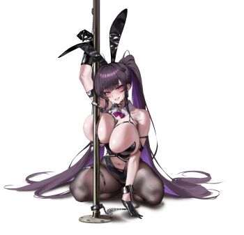 1girl :d absurdly_long_hair absurdres animal_ear_hairband animal_ears arm_up bare_legs black_gloves black_hair bow bowtie breasts chain chained cleavage collar commentary detached_collar earrings fake_animal_ears gloves goddess_of_victory:_nikke hairband high_side_ponytail highres huge_breasts jewelry long_hair looking_at_viewer metal_collar mihara_(nikke) multicolored_hair nankam76 navel open_mouth playboy_bunny pole purple_bow purple_bowtie purple_eyes purple_hair rabbit_ear_hairband rabbit_ears smile solo stripper_pole thigh_strap tile_wall tiles tongue tongue_out two-tone_hair very_long_hair